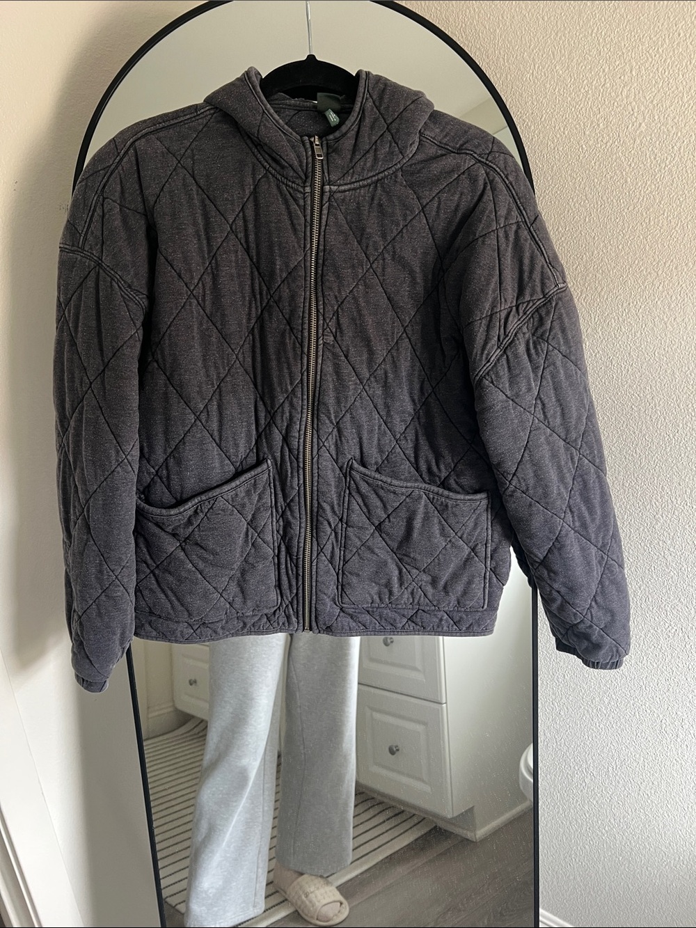 Quilted Zip-Up Hooded Jacket in Charcoal Gray